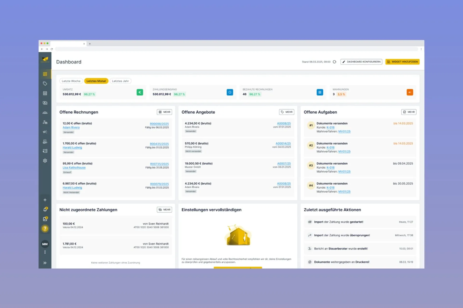 Dashboard der neuen SaaS Plattform für das Forderungsmanagement