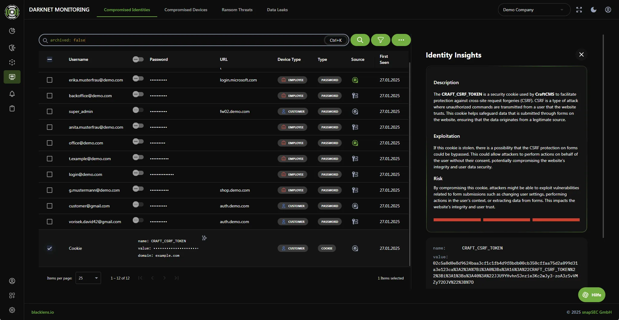 blacklens.io Dashboard - Darknet Monitoring & Threat Intelligence