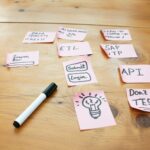 Sticky notes with words and drawings on wooden table.