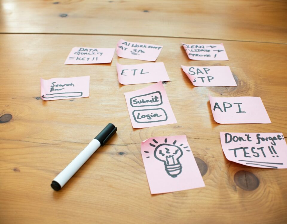 Sticky notes with words and drawings on wooden table.